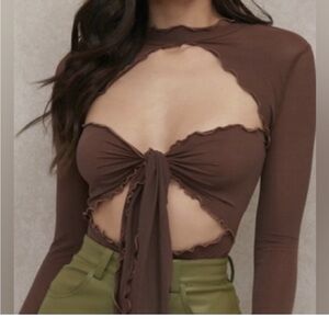 House Of CB Brown Power Mesh Tie Front Bodysuit